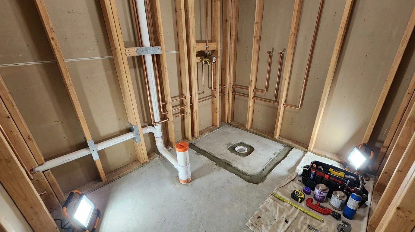 Bathroom rough-in plumbing during remodel by Johns Plumbing LLC in Paonia